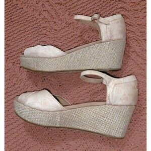 Toms Raffia Wedge Platform Boujee Sandal Beige Jacquard Rose Gold stich 7.5